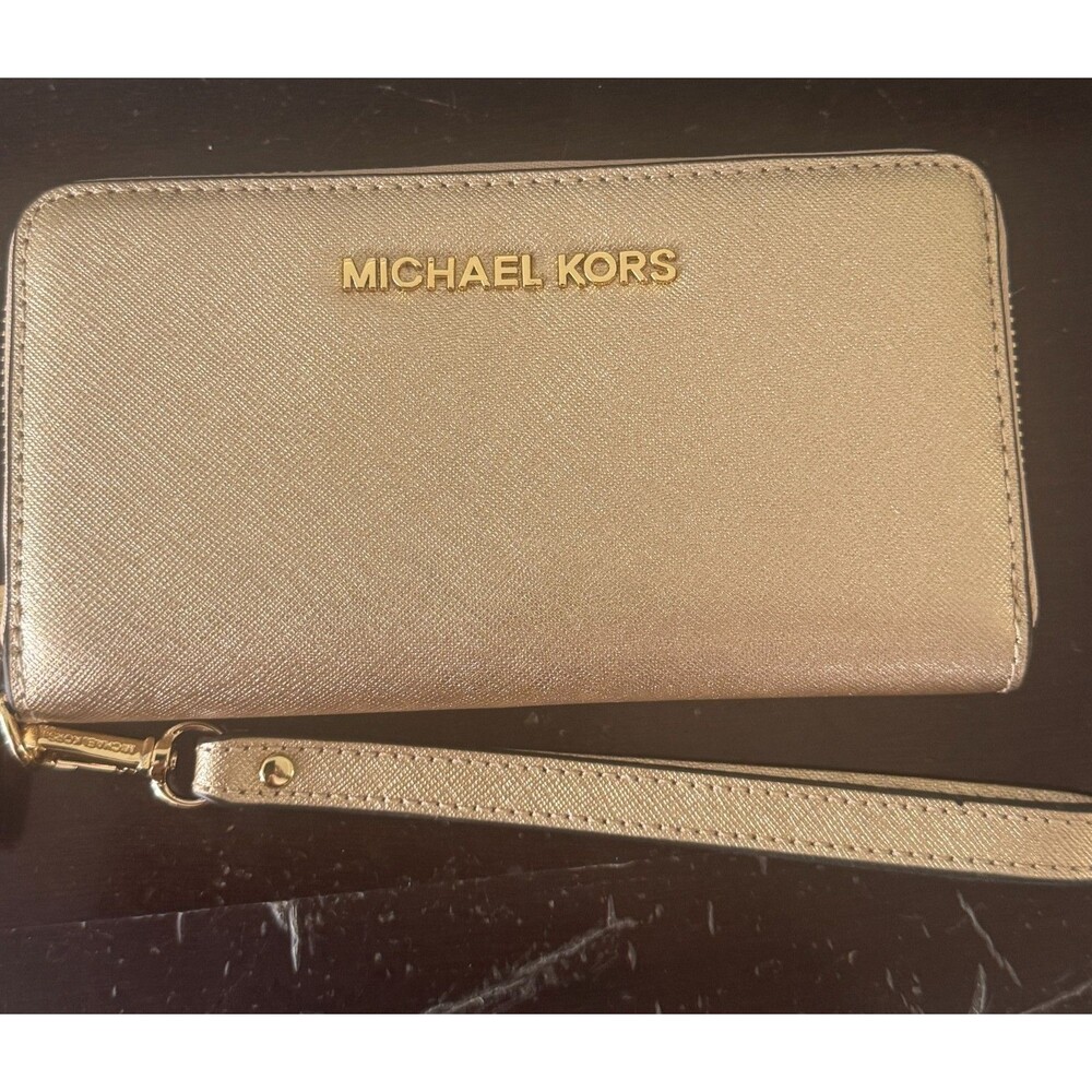 Michael Kors Metalic Gold Zip Wristlet Clutch with Gold Hardware, Logo & Zipper